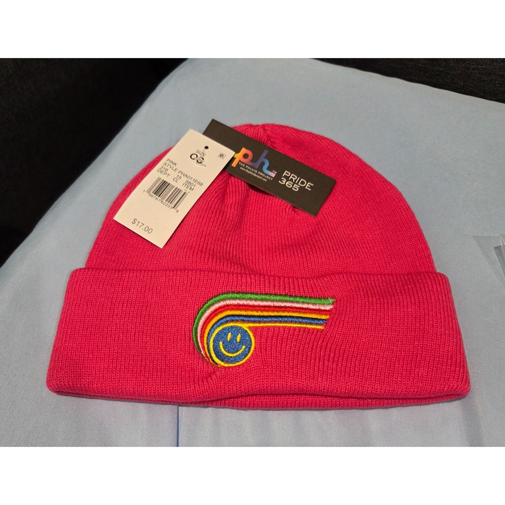 The Phluid Project Pride 365 Pink Beanie Rainbow Smiley Face Knit Hat PHA011E68